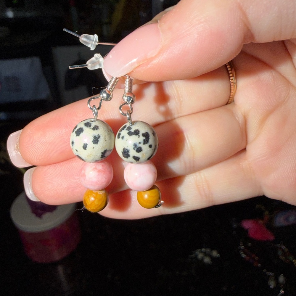Dalmatian Jasper and Pink Bead Earrings